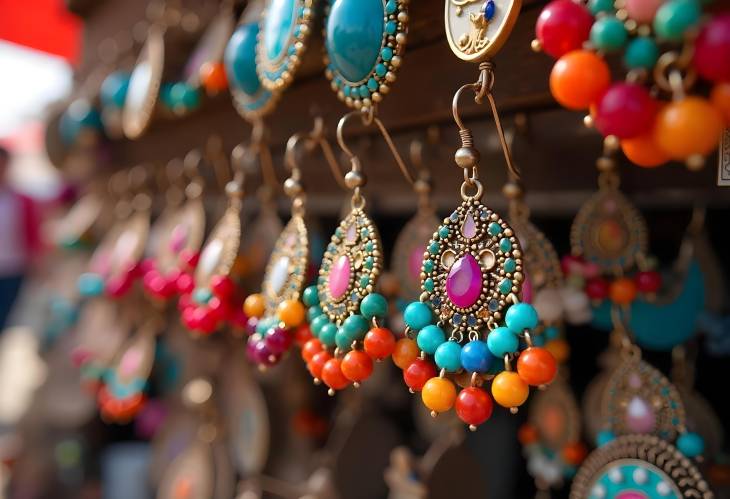 Charming CloseUp of Colorful Earrings for Sale in the Bazaar